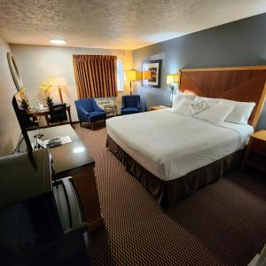 里茨维尔Days Inn by Wyndham Ritzville的酒店客房设有一张大床和一张书桌。
