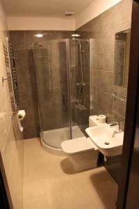 Orneta兹特里颇里鲁库酒店的带淋浴、卫生间和盥洗盆的浴室