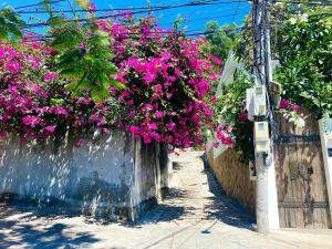 头顿Homestay Luna mountain & sea views!的一条挂在栅栏上的粉红色花的街道