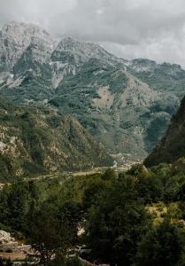 泰斯Hotel Thethi的享有树木和道路的山脉美景