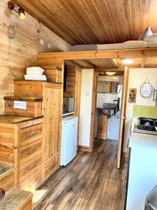 卡马森Tiny House-Hot Tub-St Clears-Pembrokeshire-Tenby的小木屋内的厨房和客厅