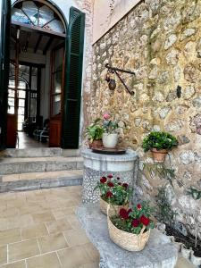 索列尔Casa Bougainvillea的石头建筑,里面装有两篮鲜花