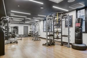 纽约FiDi 1BR w luxury Gym Doorman Rooftop NYC-13的健身房,配有冲压袋和举重设施