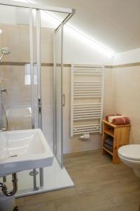 施特罗布尔Haus am Wald的带淋浴、盥洗盆和卫生间的浴室