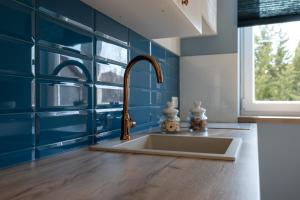 泽敏Apartments Pausa的厨房配有水槽和蓝色瓷砖