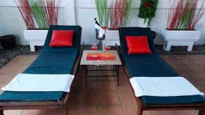 南芭堤雅Swiss Food Restaurant and room for rent的庭院配有两把椅子和带红色枕头的桌子。