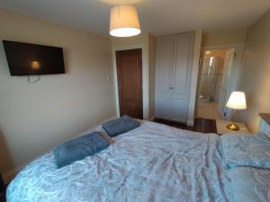 The Burren B&B的一间卧室配有一张大蓝色的床,墙上配有电视