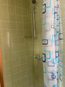 托特莫斯Hotel Maien的配有白色和蓝色淋浴帘的淋浴