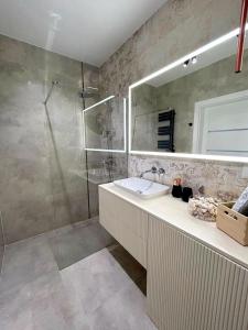 托伦Apartament Nr 50, 2 sypialnie, wygodny parking podziemny的一间带水槽和淋浴的浴室