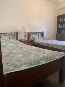 唐吉莫利尼Apartment "Two Sisters" with a sea view的一间卧室设有两张床和一张桌子上的台灯。