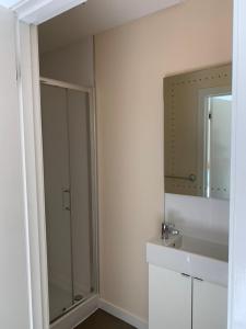 爱奥那岛Martyrs Bay Rooms的带淋浴、盥洗盆和镜子的浴室