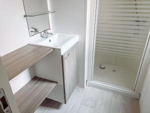 罗克布伦河畔阿尔让3 bedroom Chalets Camping Leï Suves - JoyCasa的白色的浴室设有水槽和淋浴。