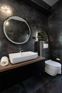 特罗吉尔Luxury Villa Lana Apt, Seaview Terrace, Large Outdoor Space, BBQ的一间带水槽、卫生间和镜子的浴室