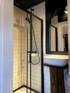 阿利士Charming, rustic & well equipped garden cottage的一间带水槽和玻璃淋浴的浴室