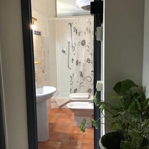 蒂沃利casa Marilena的浴室配有卫生间、淋浴和盥洗盆。