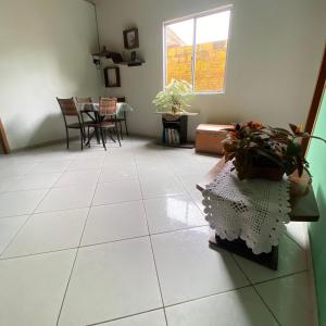 巴雷里尼亚斯Lazer Hostel的客厅铺有白色瓷砖地板,配有植物桌子