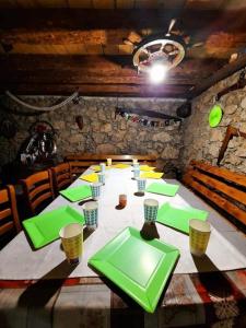 ZlobinKuća za odmor Tomić的一间设有绿盘桌的用餐室
