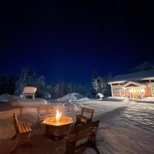 耶利瓦勒Taiga Forest Lodge的夜晚雪地里的火坑