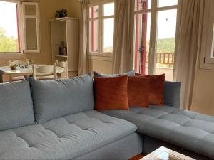 瓦西Pandora Villa的客厅设有蓝色的沙发,配有窗户