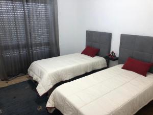 维拉·诺瓦·达·塞尔维尔Apartamento Rio Minho的一间卧室配有两张带白色床单和红色枕头的床。