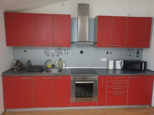 茹帕尼亚APARTMAN SOFIA的一间带红色橱柜和水槽的厨房
