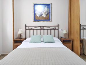 阿兰扎达Desconectaengalicia La Lanzada, a pie de playa的一间卧室配有一张大床和两个蓝色枕头
