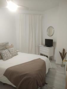 萨阿拉德洛斯阿图内斯Zaharaiso luz的一间卧室配有一张床和一张带镜子的书桌