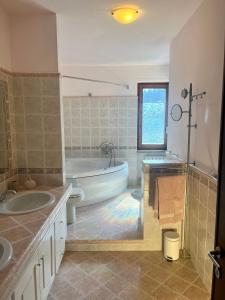 斯特雷萨Il lago e la collina的一间带两个盥洗盆、浴缸和卫生间的浴室
