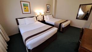 圣佩德罗·德·阿塔卡马圣佩德罗德阿塔卡马-迭戈·阿尔马格罗酒店的酒店客房,设有两张床和镜子
