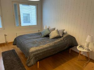 拉彭兰塔Studiohuoneisto Valtakatu 45, sauna, AC, WiFi的一间卧室,卧室内配有一张大床