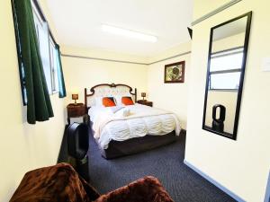 TuatapereRarakau Lodge的一间卧室配有一张床和镜子