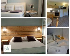 孔佩尔Gîte et chambre d'hôtes Chez Marie的一张床铺和水槽的酒店客房的三张照片