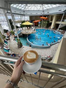 布拉索夫Hotel Alinalex - Paradisul Acvatic的持杯咖啡的人在游泳池前