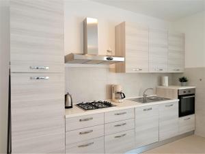 梅尔戈佐Winter Spring Summer Apartments的厨房配有白色橱柜和炉灶烤箱。