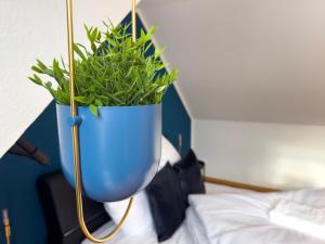 科布伦茨Design Wohnung nähe Uni的睡床上的蓝色盆栽植物