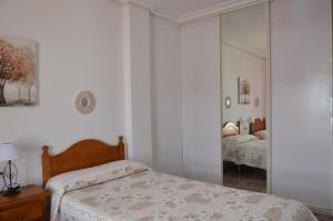 科尼尔-德拉弗龙特拉Aptº ATALAYA , junto a la Playa的白色卧室配有床和镜子