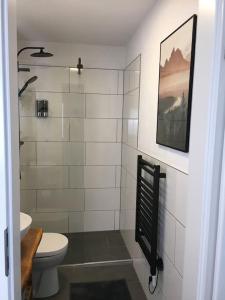 多贝尔Gemütliches Apartment am Kurhaus in Dobel的一间带卫生间的浴室和墙上的照片