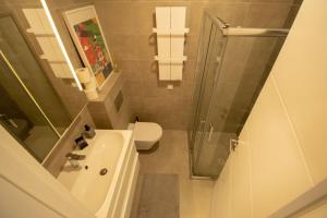 贝尔格莱德GARDOS BAUHAUS Apartment的带淋浴、盥洗盆和卫生间的浴室