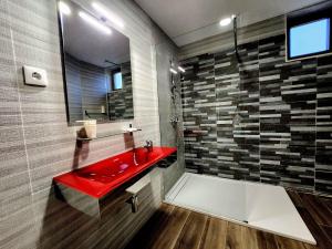 布拉干萨O Abel Hotel rural的一间带红色水槽和淋浴的浴室
