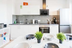美茵河畔哈瑙Chic City-View Apartments in Hanau的厨房配有白色橱柜和植物桌子