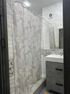 杜尚别Ultra Hostel的浴室配有淋浴帘和盥洗盆。