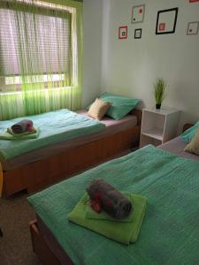 科雷尼察Holiday home Ivano的一间卧室设有两张床,托盘上放着一只动物