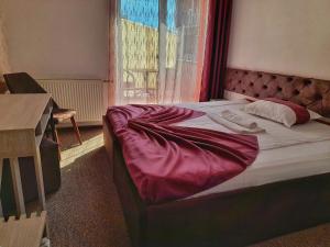 克卢日-纳波卡阿莱克斯酒店的一间卧室配有一张带红色床单的床和一扇窗户。