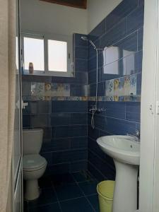 BouzareahAppart hôtel cozy的蓝色瓷砖浴室设有卫生间和水槽