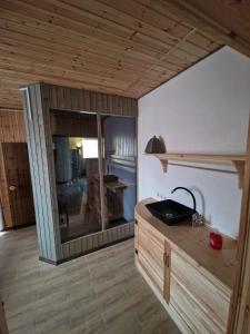 IlūksteIlūkstes Sauna apartamenti (bezkontakta)的一间厨房,内设一个柜台和窗户