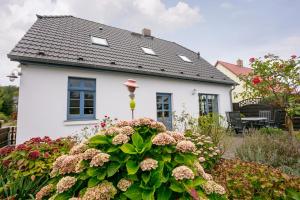 蒂索Ferienwohnung Fortuna II的前面有一座白色房子,前面有一座花园