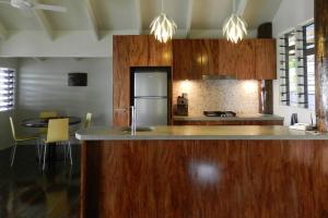 萨武萨武Beachfront Villa - Pod House, Private Plunge Pool的厨房配有木制橱柜和台面