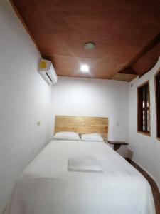 帕伦克Casa Tortuga Azul的配有木制天花板的客房内的白色床