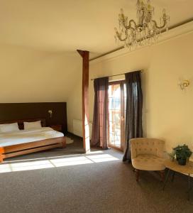 埃尔布隆格Victoria的一间卧室配有一张床和一个吊灯