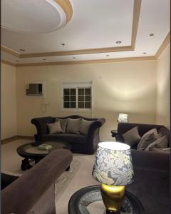 麦加H.H apartments شقق مفروشة的客厅配有沙发和带台灯的桌子